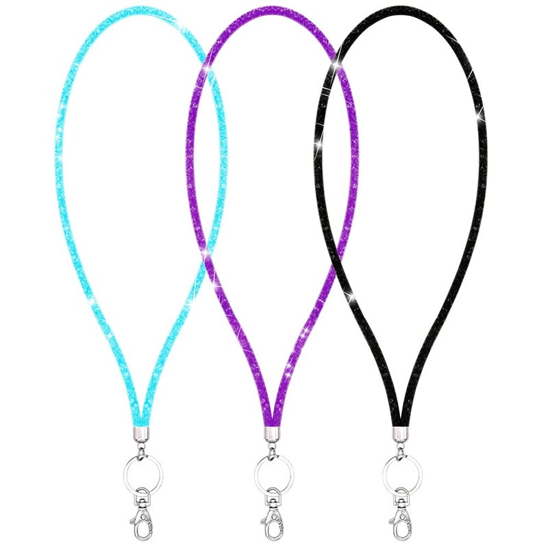 Ascrafter 3 Pack Lanyards for ID Badge Holder  Bling Necklace Lanyards for Women  Lanyard Clip for Holder ID Card & Keys(Black+LightBlue+Purple) - Image 1